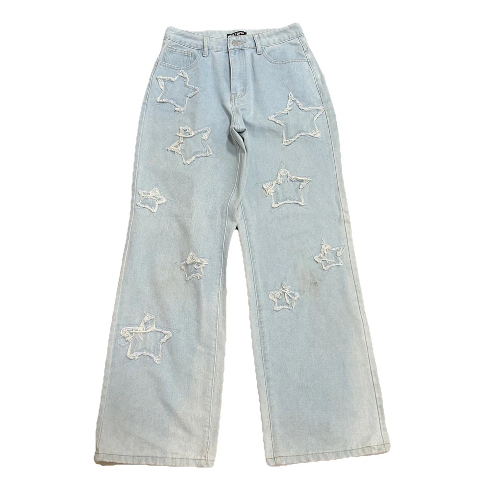 Hot Topic Light Wash Wide Leg Star Patch Distressed Denim Jeans Y2K Alt 28x31